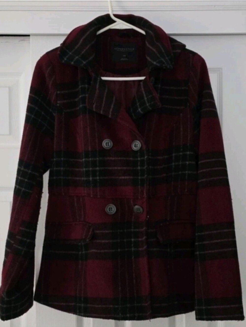 Aeropostale Women’s Double-Breasted Burgundy Plaid Peacoat